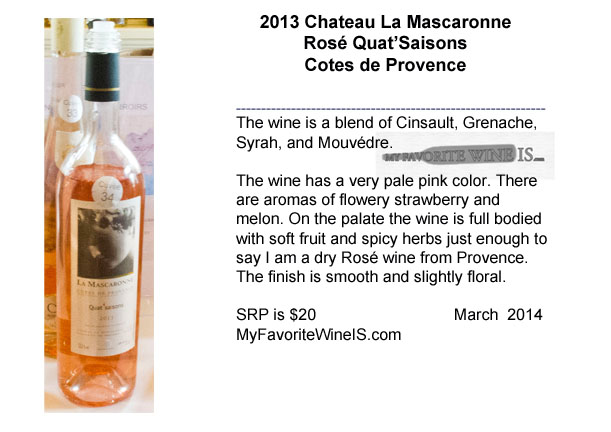 2013 Chateau La Mascaronne Rose Quat'Saisons Cotes de Provence