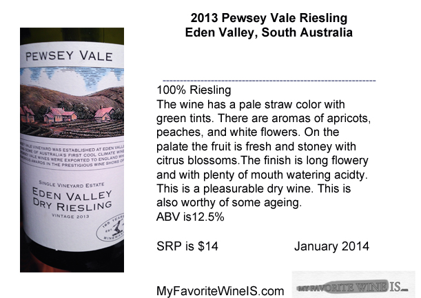 Favorite wine is 2013 Pewsey Vale Riesling Eden Valley South Australia