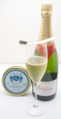 Ayala Brut Majeur NV-Champagne with White Sturgeon Caviar on spoon